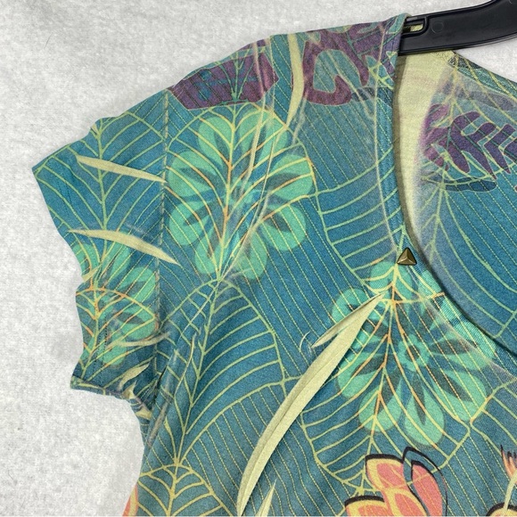 One World Floral Tunic Boho Blouse Women's M Multicolor Studded Neck Casual Top - Picture 5 of 13